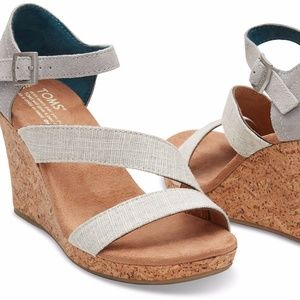 TOMS Women's Grey Linen Cork Wedge Sandal 7.5